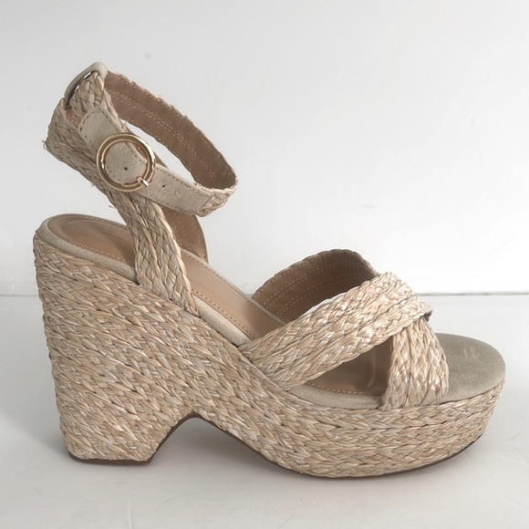 JUSTFAB Mia Natural Raffia Wedge Sandal Tan Chunky Heel Platform Shoes Size 8.5 - Picture 7 of 15
